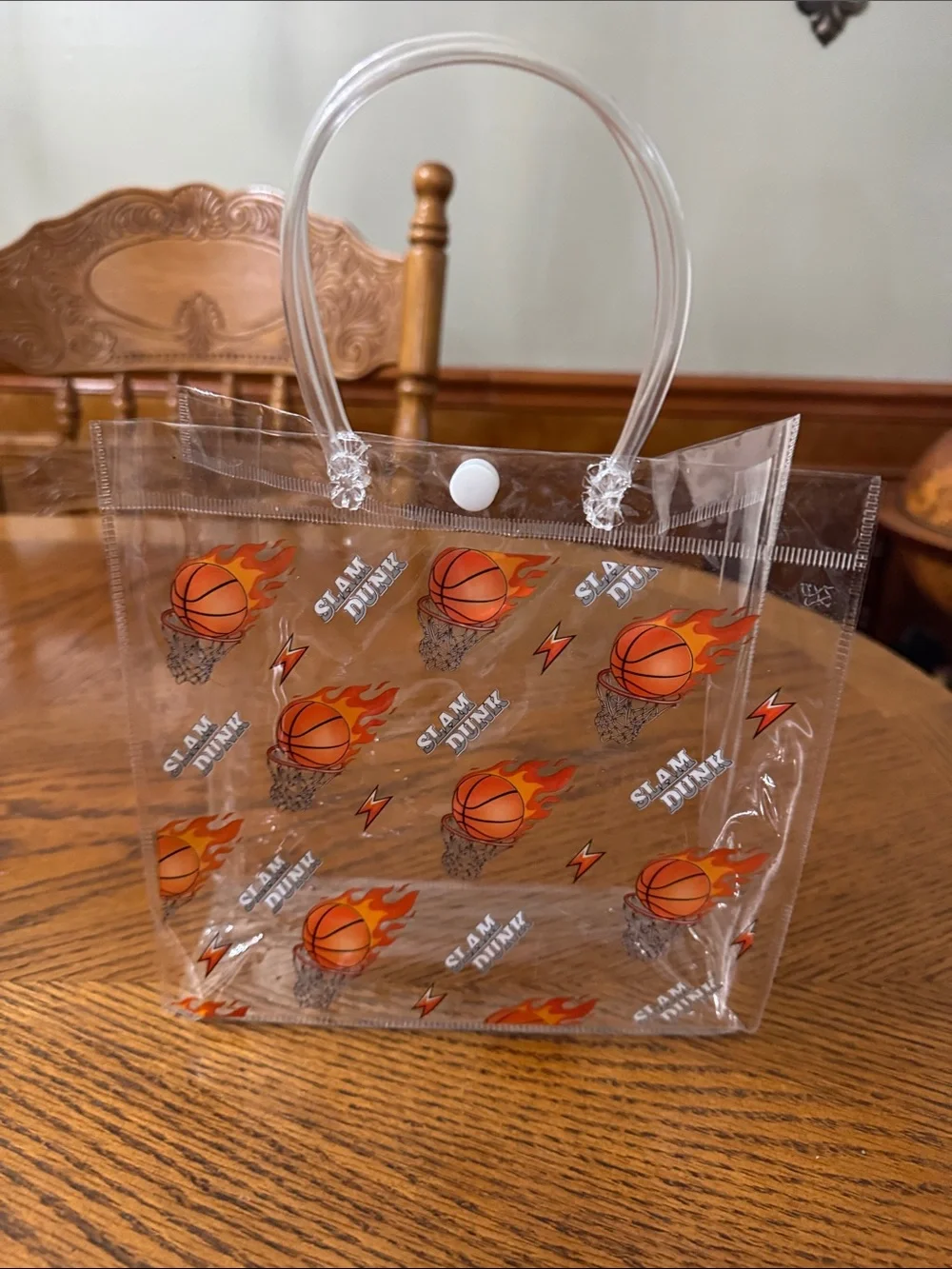 NEW 20 Clear PVC Tote Bag with Flaming Basketball Print